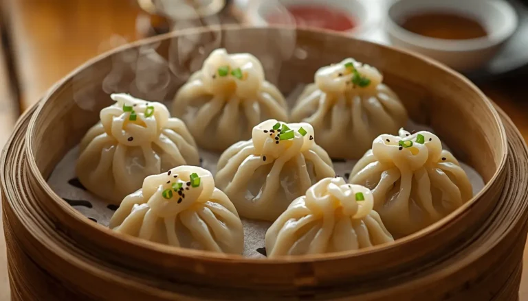 Gedämpfte chinesische Jiaozi in einem Bambus-Dämpfer, feiner Dampf steigt auf, Fokus auf die glasige Teigtextur, 1200 x 675 px.