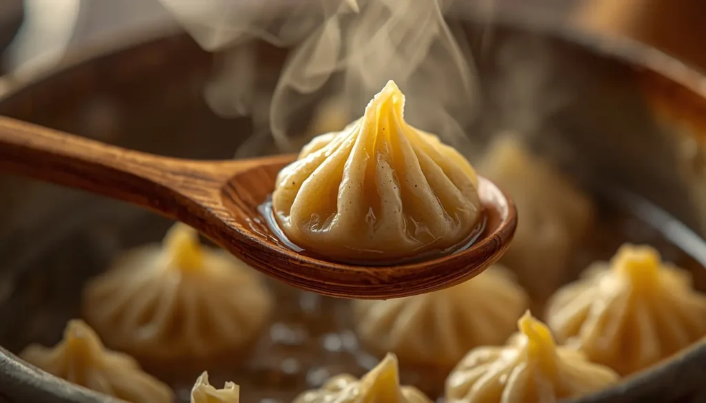 Eine Nahaufnahme von winzigen Kayseri Manti auf einem silbernen Löffel, um die mikroskopische Größe zu zeigen, traditionelles Dekor, 1200 x 675 px.