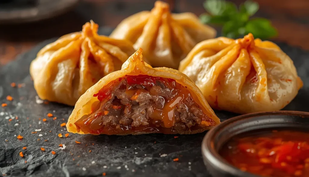 Gedämpfte koreanische Mandu auf einem Teller, serviert mit einer würzigen Sojasauce-Dipp, Fokus auf die saftige Füllung, 1200 x 675 px.
