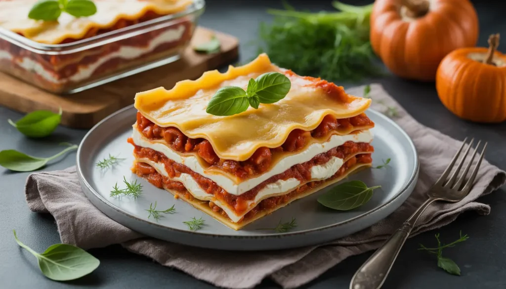 Goldbraune Kürbis-Lasagne mit Feta-Kruste und frittierten Salbeiblättern, cremige Kürbis-Schichten, gemütliche Herbststimmung, 16:9 Format, 1200 x 675 px.