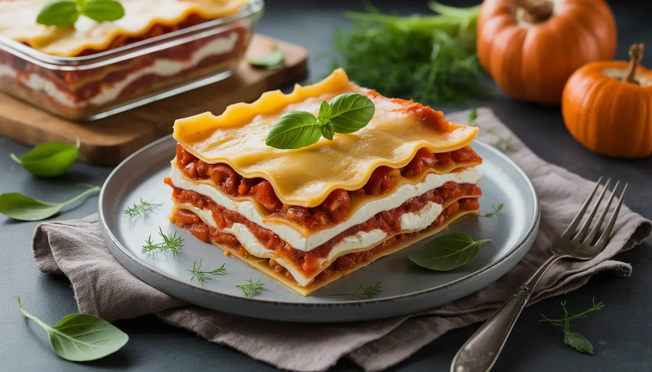 Goldbraune Kürbis-Lasagne mit Feta-Kruste und frittierten Salbeiblättern, cremige Kürbis-Schichten, gemütliche Herbststimmung, 16:9 Format, 1200 x 675 px.