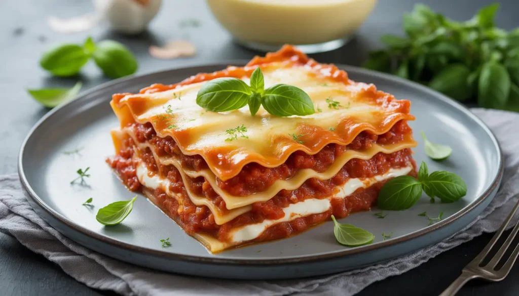 Nahaufnahme einer Lasagne-Schicht mit geschmolzener Crème Fraîche, die goldbraune Kruste ist perfekt, cremige Textur ohne Klümpchen, heller moderner Hintergrund, 16:9 Format.