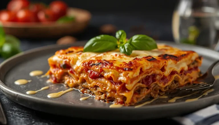 Eine dampfende Lasagne frisch aus dem Ofen, serviert in einer modernen Auflaufform, schnelle Zubereitung mit fertiger Tomatensauce und viel Käse, heller moderner Hintergrund, 16:9 Format.