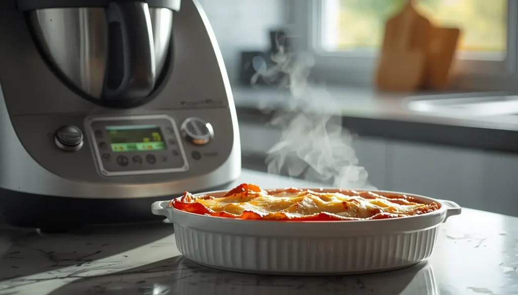 Perfekt geschichtete Lasagne neben einem modernen Thermomix, cremige Béchamelsoße und goldbraune Käsekruste, 16:9 Format, 1200 x 675 px.