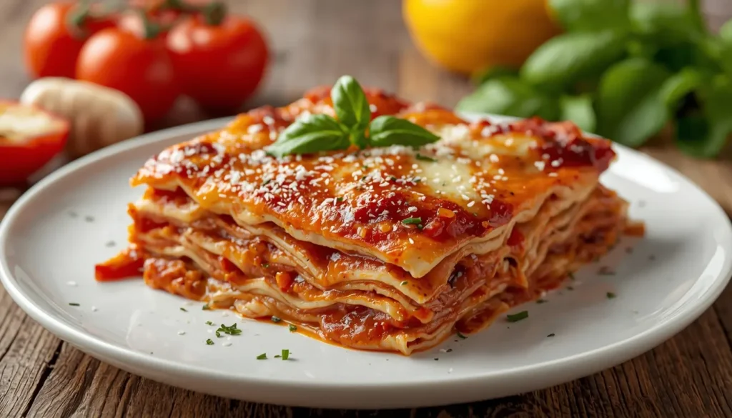Rustikale Lasagne in einer Keramikform, serviert auf einem Holztisch mit karierter Tischdecke, reichlich goldgelber Käse und dicke Schichten Ragù, gemütliche Atmosphäre, 16:9 Format.