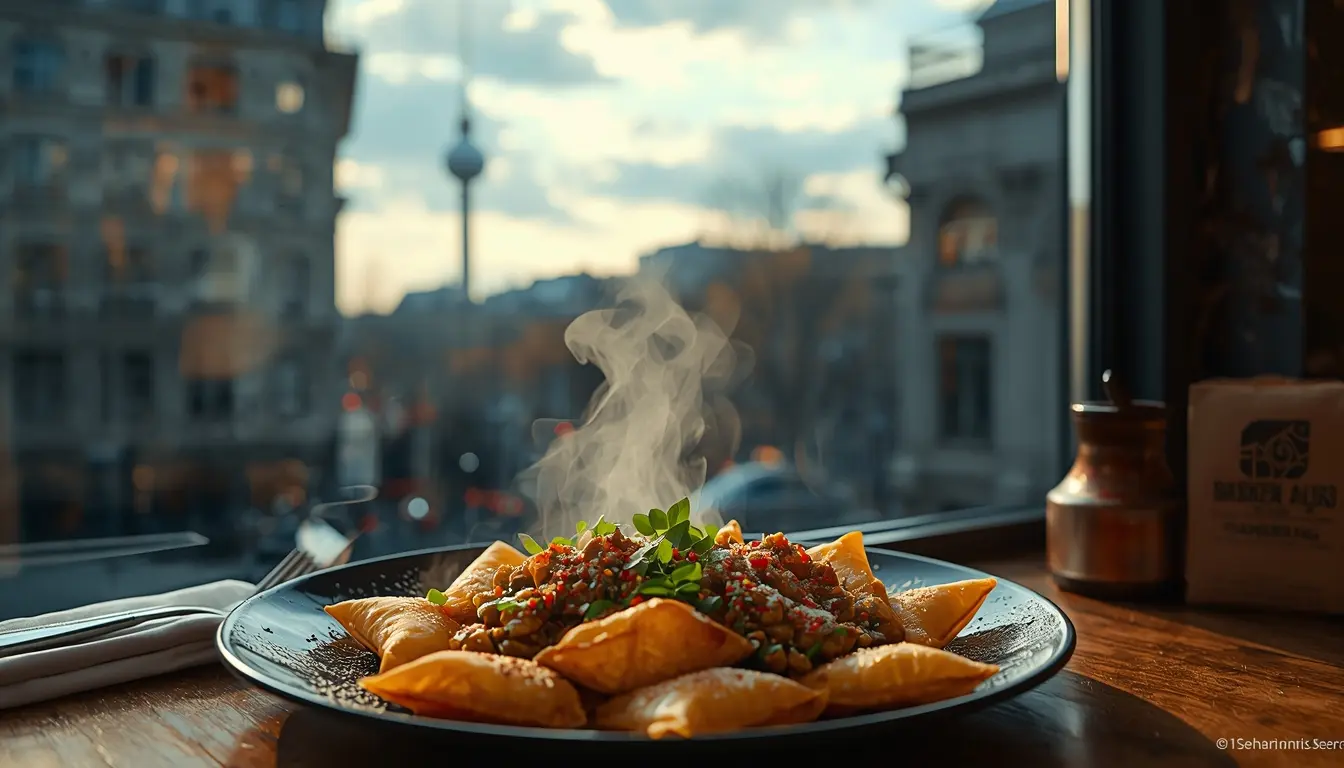 Blick in ein gemütliches Berliner Restaurant, ein Teller frische Manti auf dem Tisch, im Hintergrund die Skyline von Berlin angedeutet, 1200 x 675 px.
