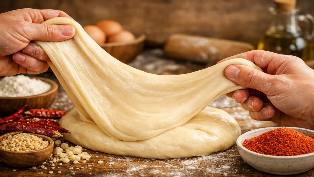 Hände beim Kneten von elastischem Manti-Teig (Hamuru) auf bemehlter Arbeitsfläche, glatte Textur, Fokus auf die Konsistenz, 1200 x 675 px.