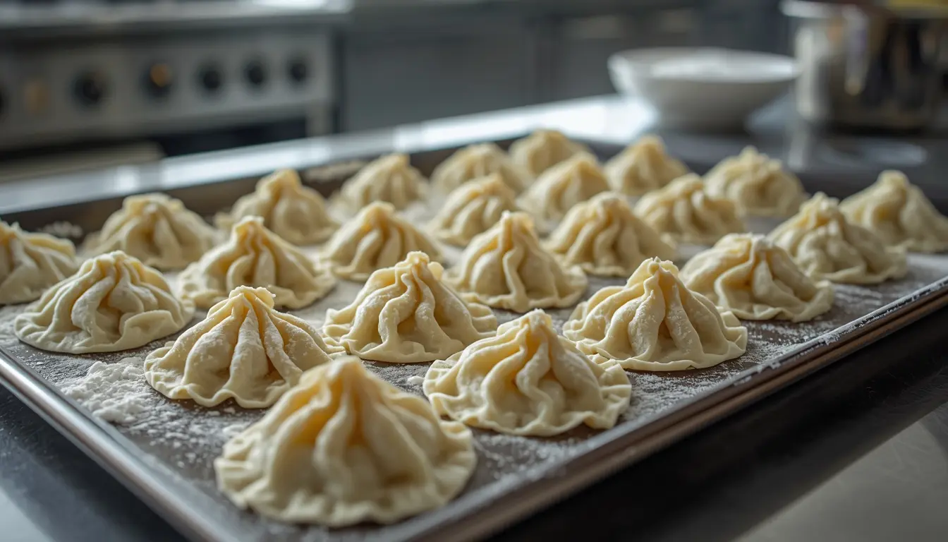 Hausgemachte Manti auf einem bemehlten Backblech, bereit zum Einfrieren, Frost-Effekt, Fokus auf die einzelnen Teigtaschen, 1200 x 675 px.