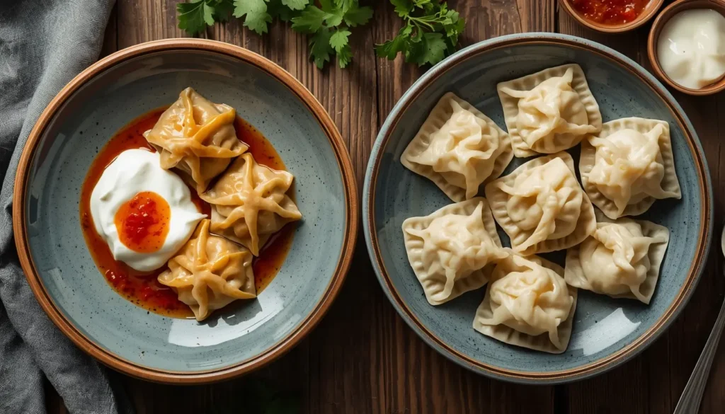Direkter Vergleich zwischen kleinen türkischen Manti in Sauce und großen russischen Manti aus dem Dampfgarer, zwei verschiedene Teller auf einem Holztisch, 16:9 Format, 1200 x 675 px.