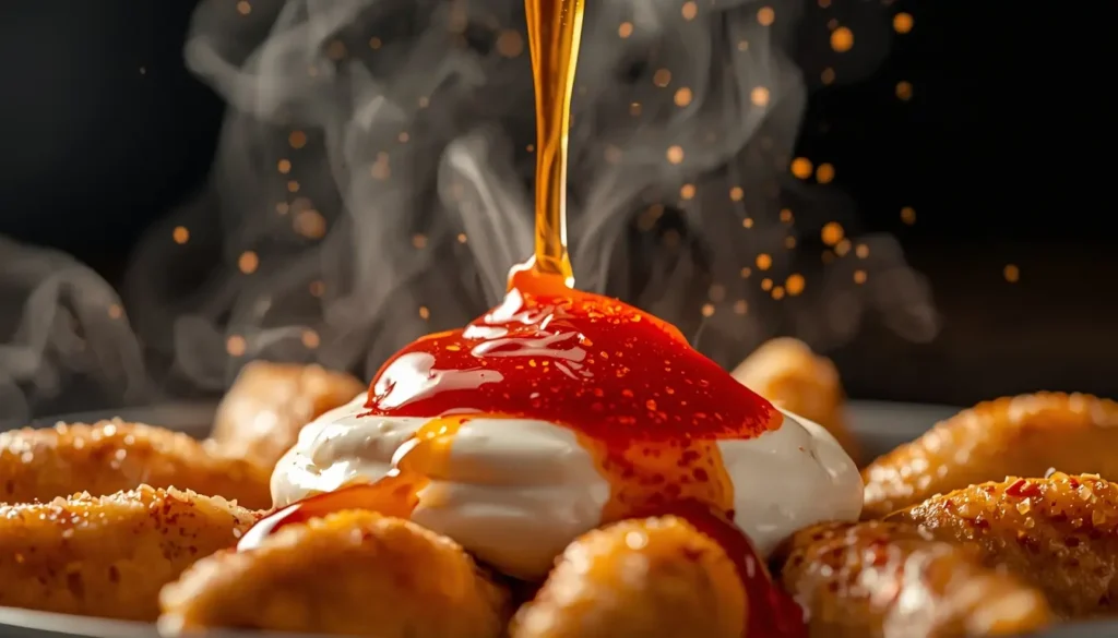 Cremiger Knoblauchjoghurt und leuchtend rote Paprikabutter werden über türkische Teigtaschen gegossen, Makro-Aufnahme der Saucen-Textur, 1200 x 675 px.