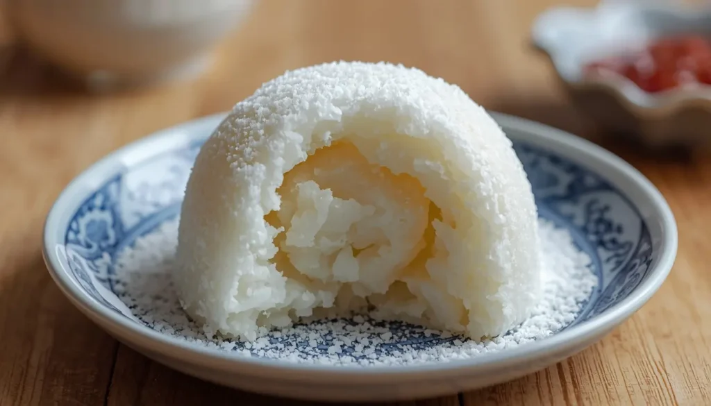 Hausgemachtes Mochi Eis mit einer perfekten, elastischen Textur, ohne Verwendung von traditionellem Klebreismehl, 16:9 Format.