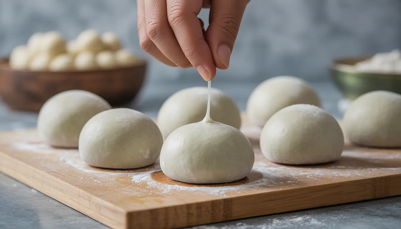 Nahaufnahme von klebrigem Mochi-Teig, der an den Händen klebt, daneben eine Schale mit Kartoffelstärke, dramatisches Küchenlicht, 16:9 Format.
