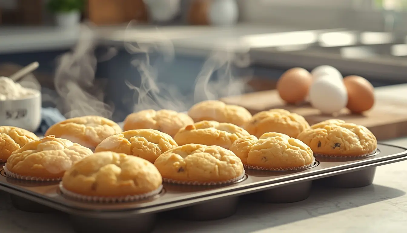 Muffins Rezept einfach und schnell, goldbraun gebacken, in nur 5 Minuten im Ofen vorbereitet, ideal für spontanen Besuch, 1200 x 675 px.
