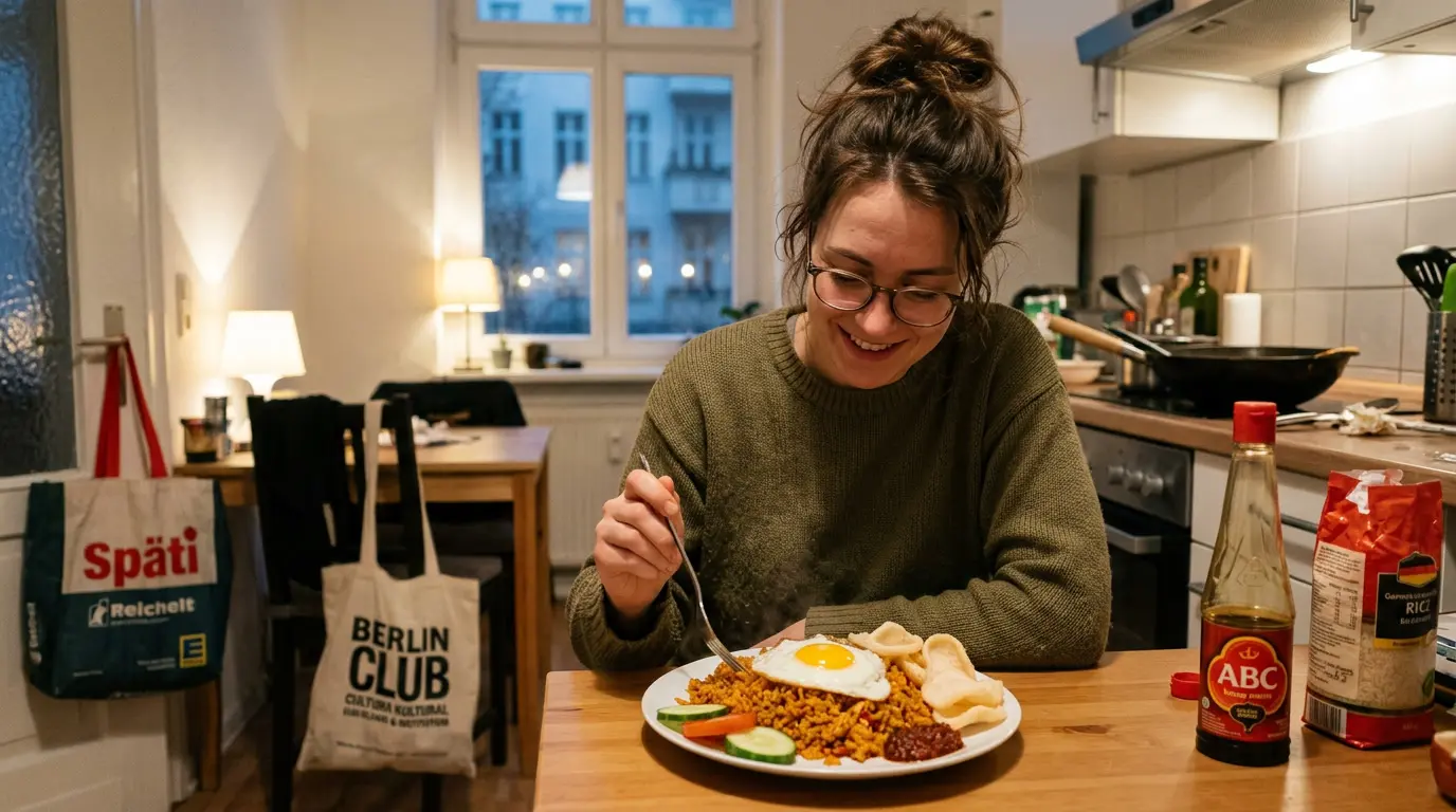 Ein dampfender Teller indonesisches Nasi Goreng mit einem Spiegelei obendrauf, serviert in einer modernen Berliner Küche, 10-Minuten-Konzept, 16:9 Format.