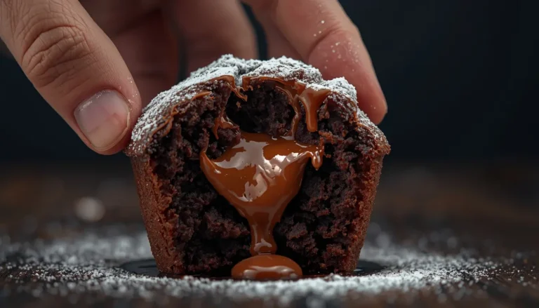 Saftiger Nutella Muffin aufgeschnitten, flüssiger Schokoladenkern läuft heraus, Puderzucker Bestäubung, Berliner Kaffeeklatsch Atmosphäre, 1200 x 675 px.