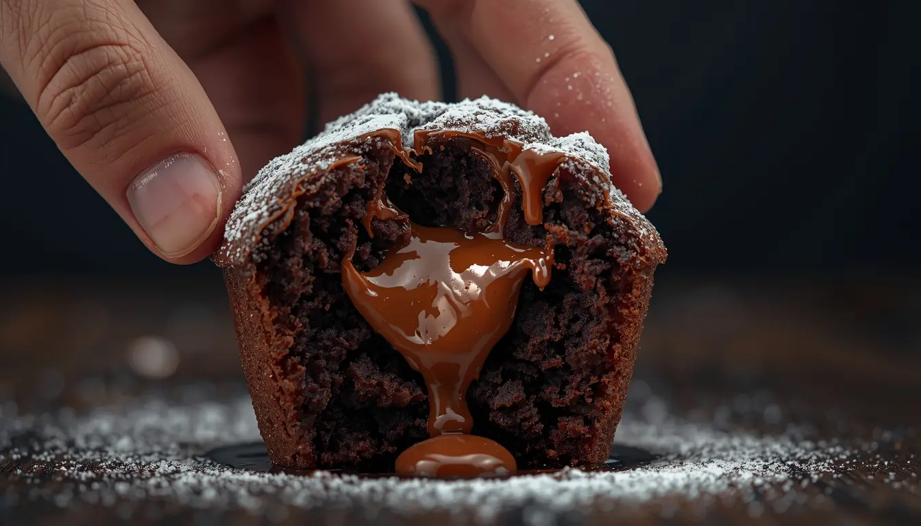 Saftiger Nutella Muffin aufgeschnitten, flüssiger Schokoladenkern läuft heraus, Puderzucker Bestäubung, Berliner Kaffeeklatsch Atmosphäre, 1200 x 675 px.