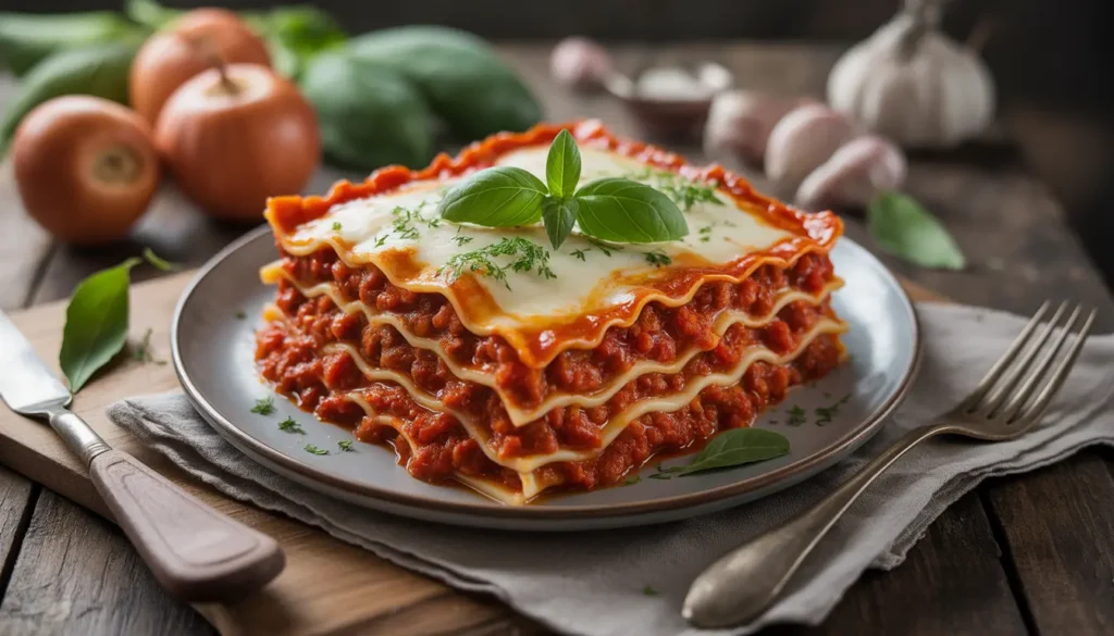 Authentische italienische Lasagne in einer flachen Auflaufform, sehr dünne Pastaschichten, kräftiges Ragù alla Bolognese, wenig Béchamel, Fokus auf die Textur der Fleischsauce, 16:9 Format.