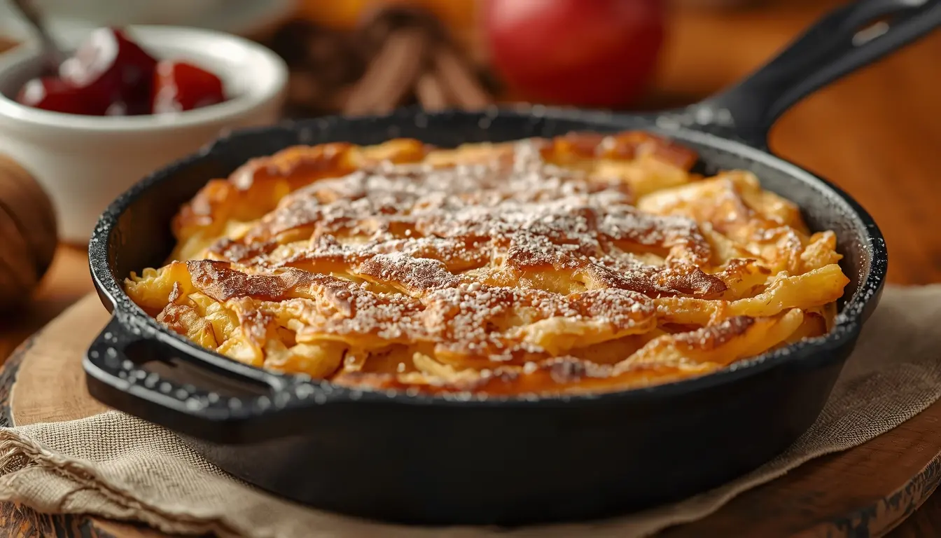 Original Kaiserschmarrn Rezept fluffig serviert in der Pfanne mit Staubzucker und Zwetschkenröster