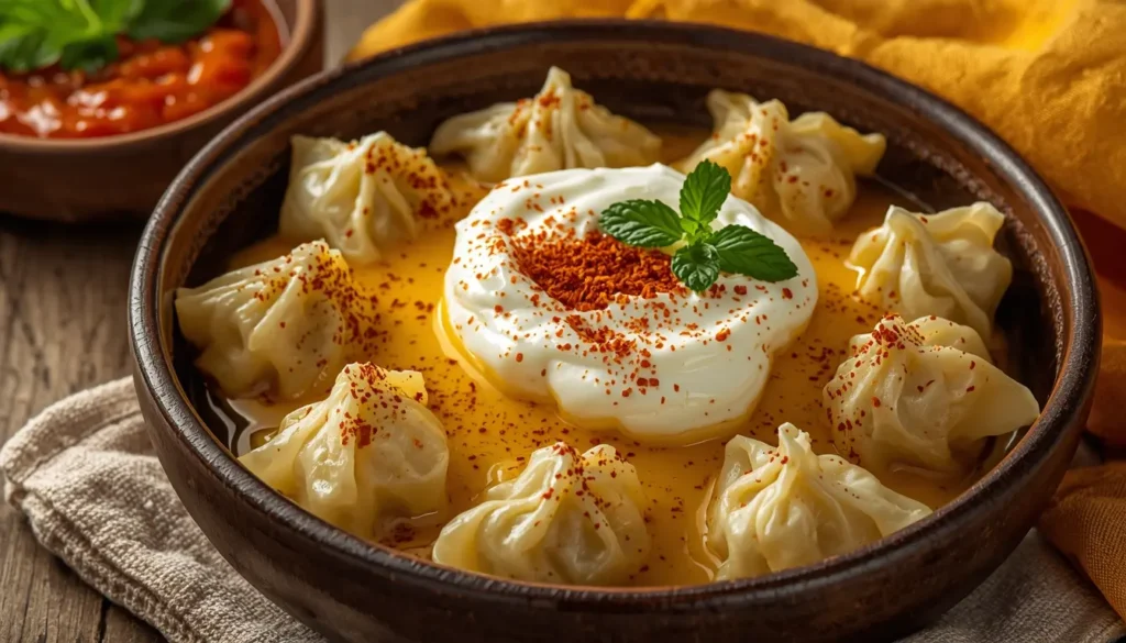 Hausgemachte türkische Manti in einer Schüssel mit Joghurt-Knoblauch-Sauce und rötlicher Paprika-Butter, Nahaufnahme der Faltung, 1200 x 675 px.