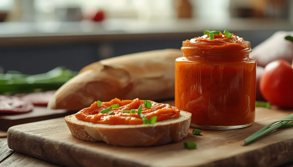 Veganer Paprika-Aufstrich auf rustikalem Vollkornbrot, cremige Textur, Schmalzersatz ohne tierische Fette, gesundes Rezept, 1200 x 675 px.