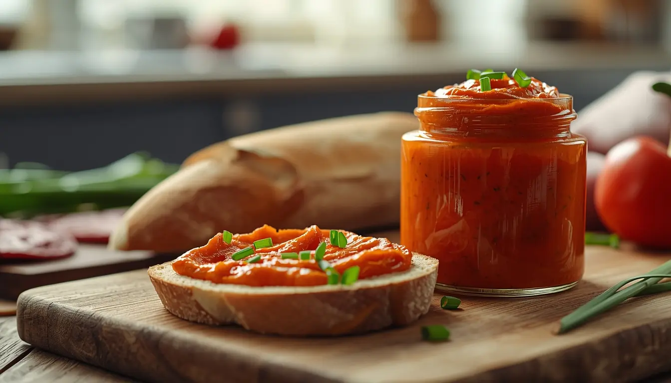 Veganer Paprika-Aufstrich auf rustikalem Vollkornbrot, cremige Textur, Schmalzersatz ohne tierische Fette, gesundes Rezept, 1200 x 675 px.