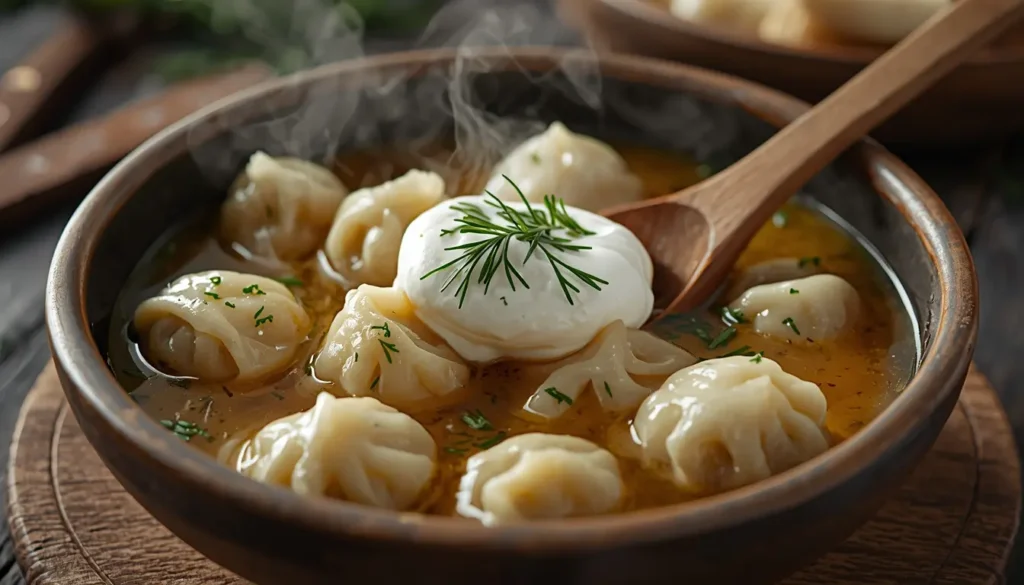 Eine Schüssel mit hausgemachten Pelmeni, serviert mit einem großen Klecks Schmand und frischem Dill, rustikaler Holztisch, 1200 x 675 px.