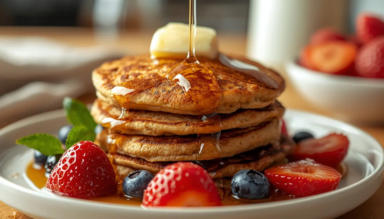 Vegane Pfannkuchen ohne Ei in einer Pfanne, perfekte Bindung, goldbraun gebacken, pflanzliche Milchalternative, 1200 x 675 px.