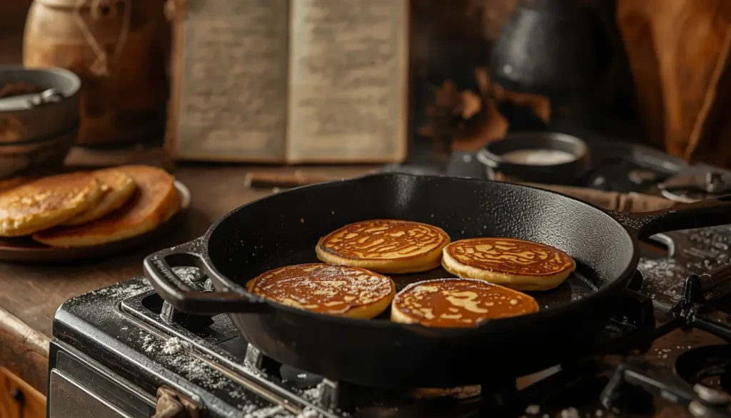 Klassische Pfannkuchen in einer gusseisernen Pfanne, rustikale Küche, Omas altes Rezeptbuch im Hintergrund, goldbraun gebacken, 1200 x 675 px.