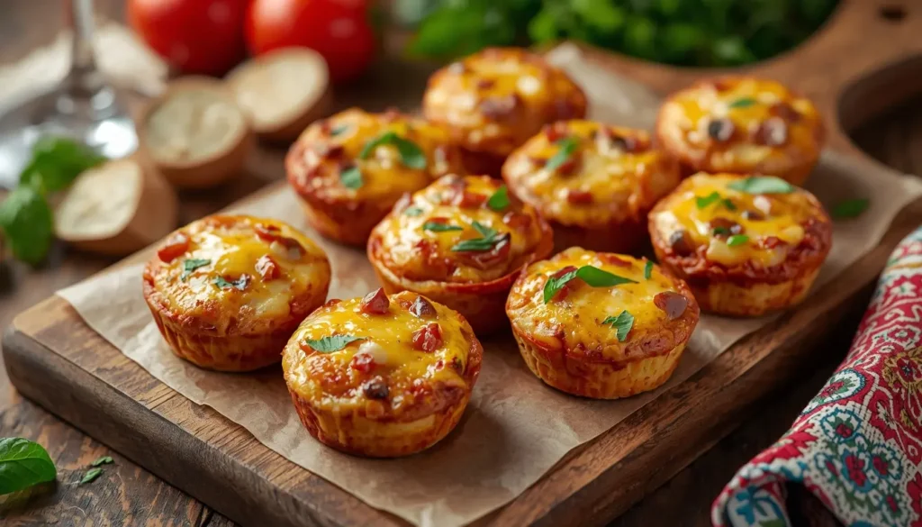 Bunte Pizza Muffins mit Salami, Käse und Paprika, herzhafter Snack für Kinder und Büro, rustikale Präsentation auf einem Holzbrett, 1200 x 675 px.
