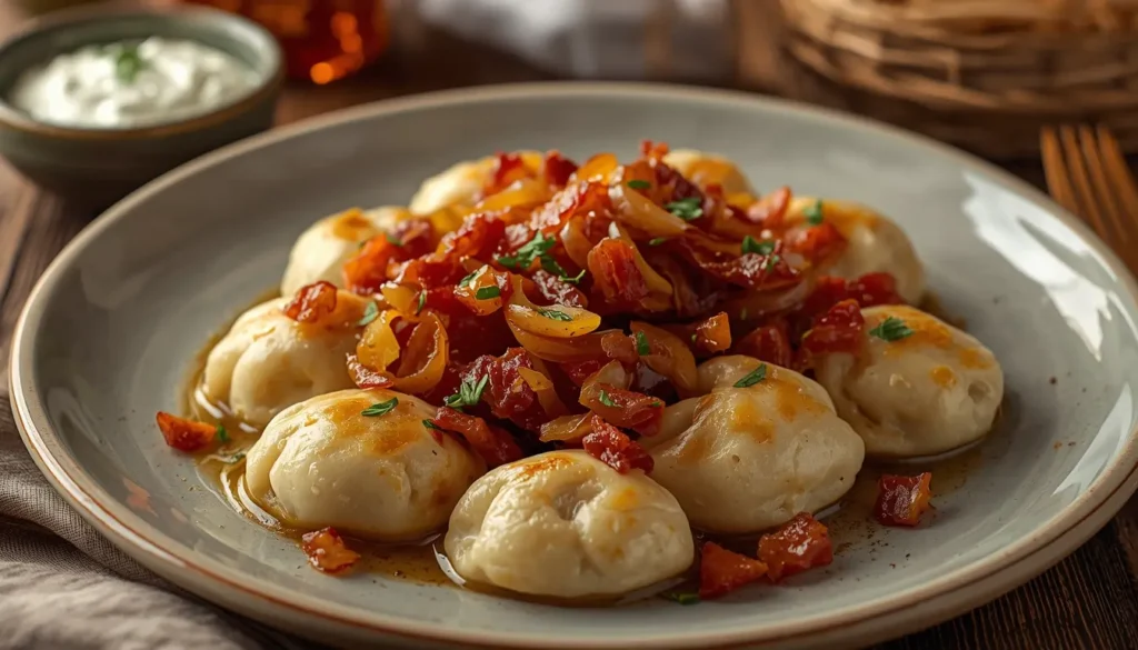 Hausgemachte polnische Piroggi in einer Pfanne mit glasig gedünsteten Zwiebeln und Speck, Fokus auf die goldene Textur, 1200 x 675 px.
