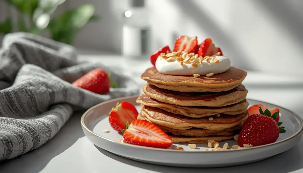 Fluffige Protein Pfannkuchen mit griechischem Joghurt und Mandeln, fittes Frühstück ohne schlechtes Gewissen, Fitness Rezept, 1200 x 675 px.