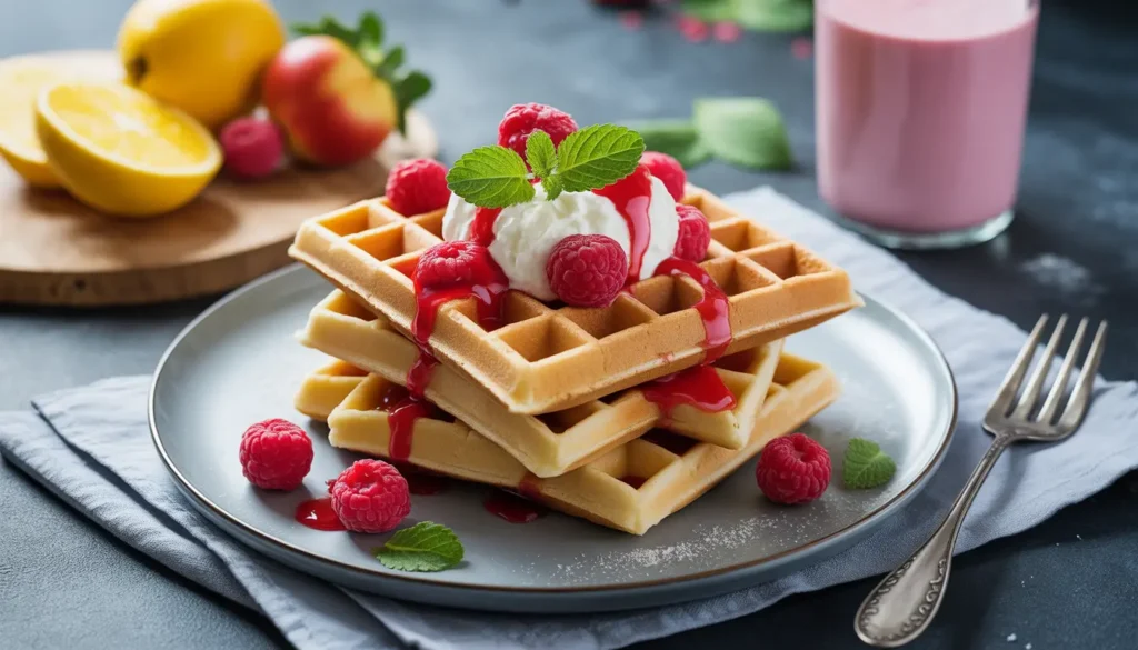 Proteinreiche Waffeln serviert mit Quark und Beeren, hoher Eiweißgehalt ohne Proteinpulver, Fokus auf saftige Textur, Fitness-Frühstück-Stil, 16:9 Format.