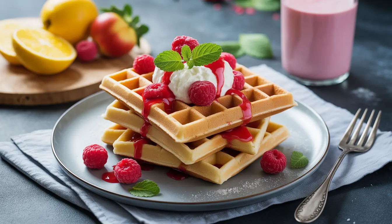 Proteinreiche Waffeln serviert mit Quark und Beeren, hoher Eiweißgehalt ohne Proteinpulver, Fokus auf saftige Textur, Fitness-Frühstück-Stil, 16:9 Format.