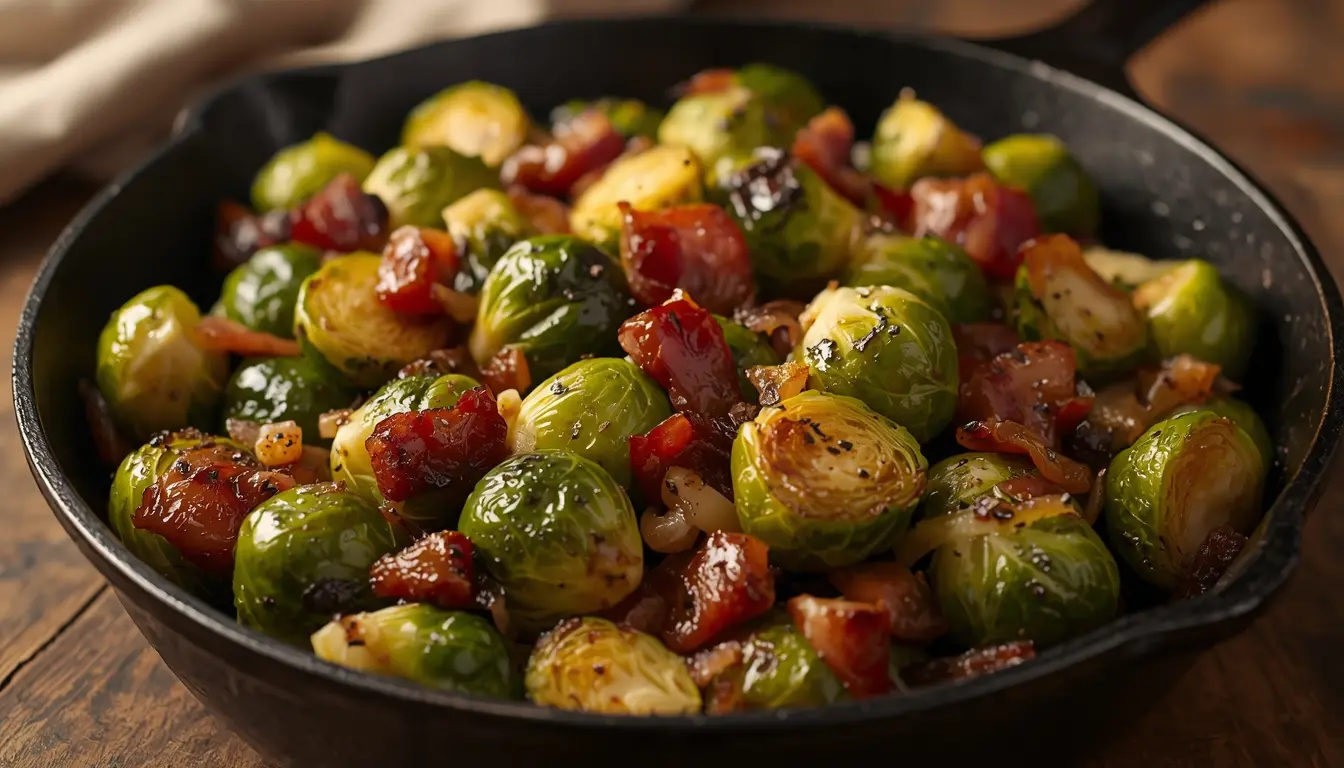 Herzhafter Rosenkohl mit Speck in der Pfanne zubereitet.