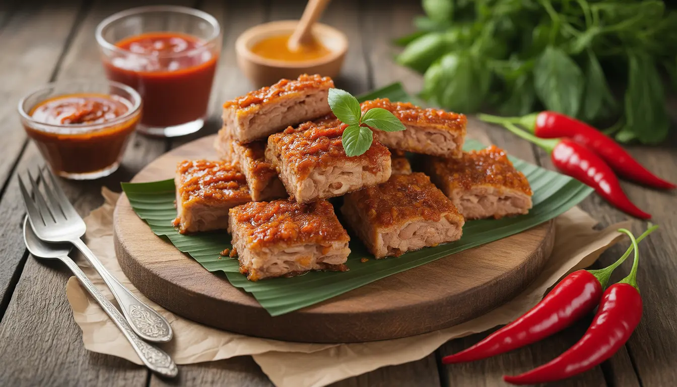 Verschiedene indonesische Saucen in kleinen Schälchen neben knusprigen Bakwan Gemüsepuffern, 16:9 Format.