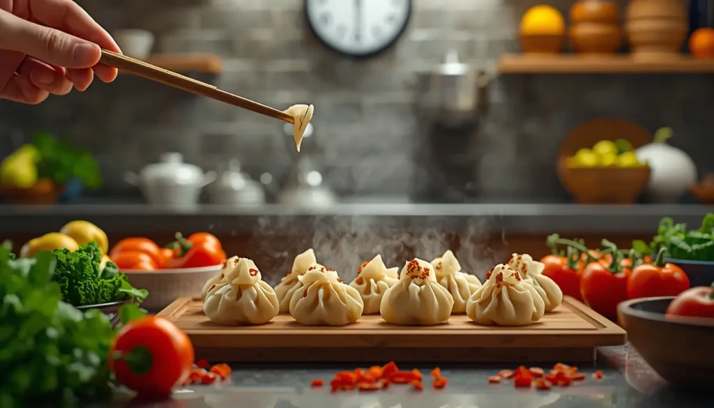 Eine Pfanne mit schnellen asiatischen Teigtaschen, serviert in 20 Minuten, moderner Feierabend-Look, Fokus auf Schnelligkeit und Frische, 1200 x 675 px.