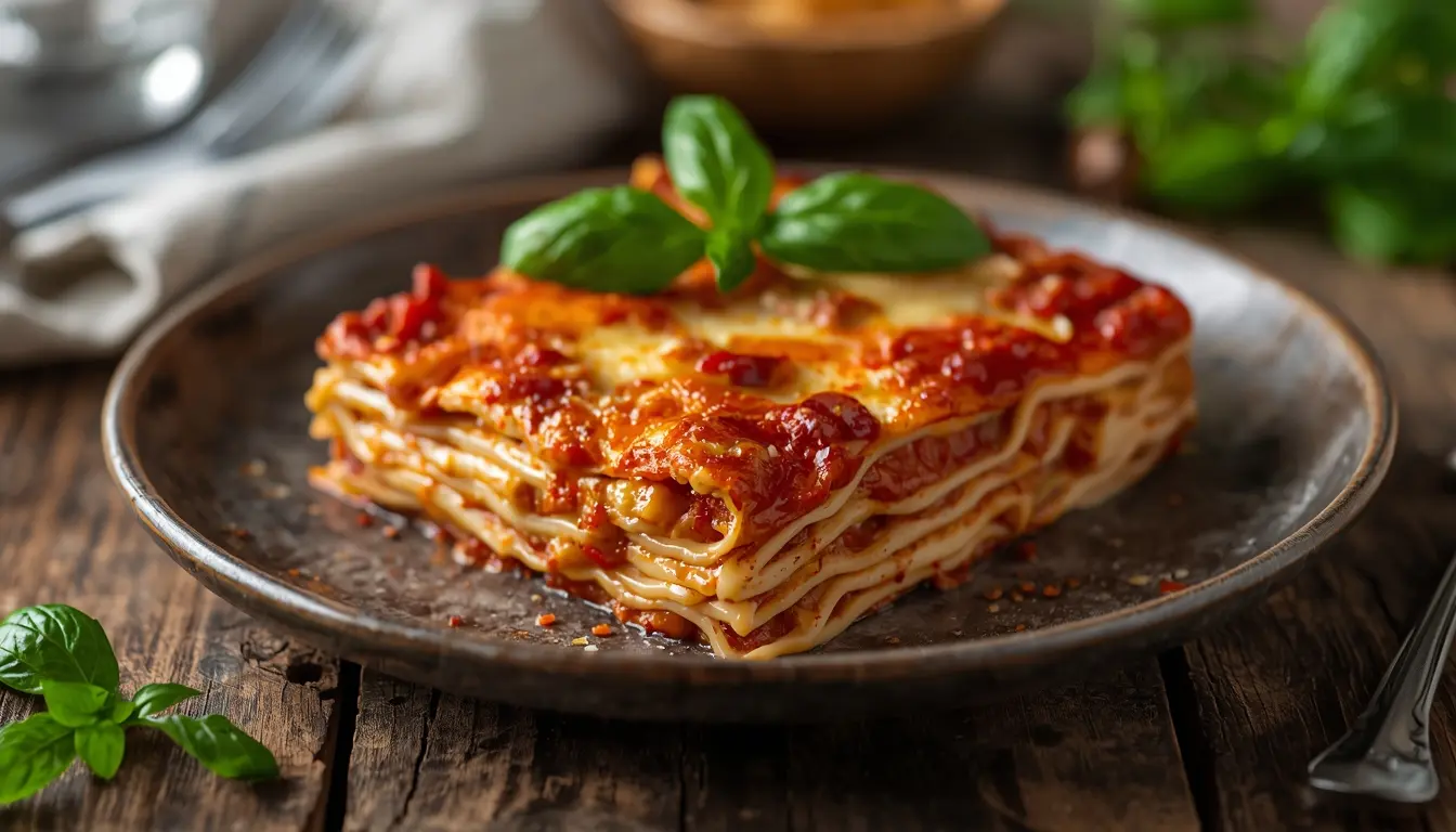 Helle Spinat-Lasagne mit Ricotta und Parmesan, Schichten aus frischem Blattspinat und cremiger weißer Sauce, 16:9 Format, 1200 x 675 px.