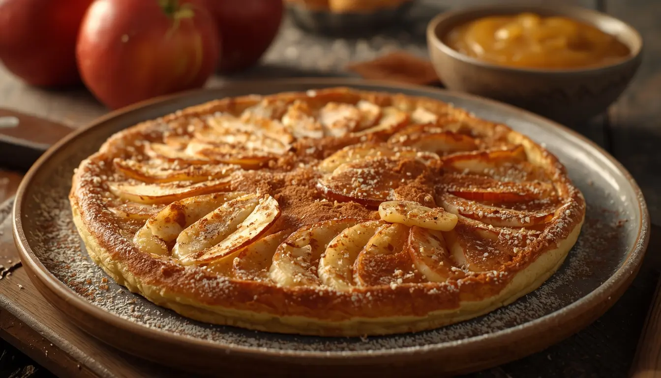 Goldbrauner Apfelpfannkuchen mit karamellisierten Apfelspalten, Zimt und Zucker Bestäubung, serviert auf einem hellen Teller, 1200 x 675 px.