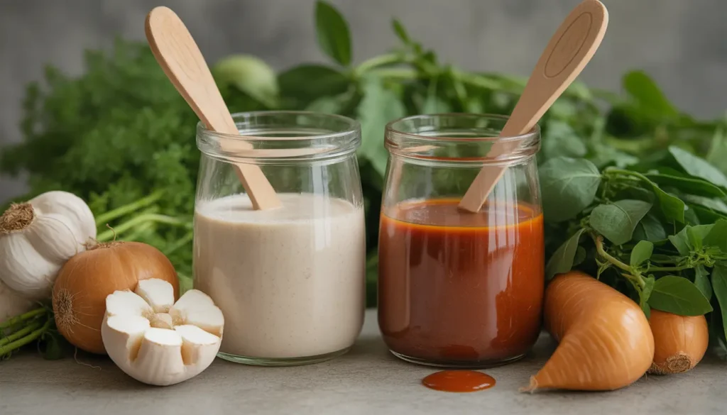 Zwei Gläser mit dunkler Sauce, eines beschriftet mit Tamari (100% Soja) und eines mit herkömmlicher Sojasauce (enthält Weizen), Getreideähren im Hintergrund durchgestrichen, 16:9 Format.