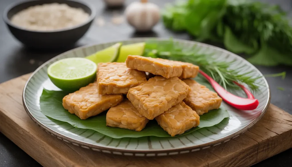 Goldbraun gebackene Tempeh-Streifen in einem Air Fryer Korb, extrem knusprige Textur ohne triefendes Öl, moderner Küchenhintergrund, 16:9 Format.
