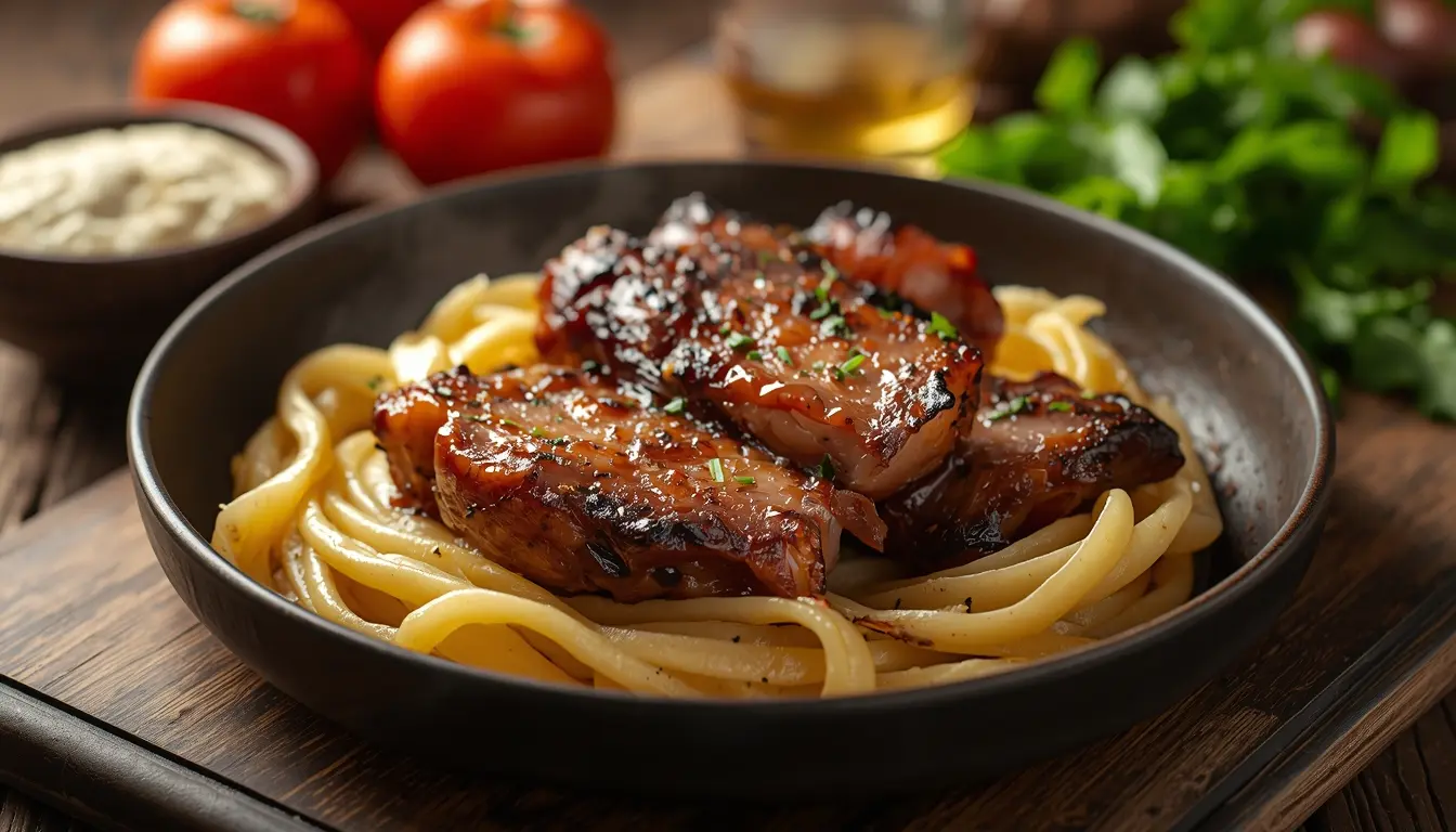 Drei Glasschalen mit verschiedenen Marinaden für Tempeh: Erdnuss-Sauce, Ingwer-Sojasauce und Spicy Sriracha, Tempeh-Scheiben saugen die Flüssigkeit auf, 16:9 Format.