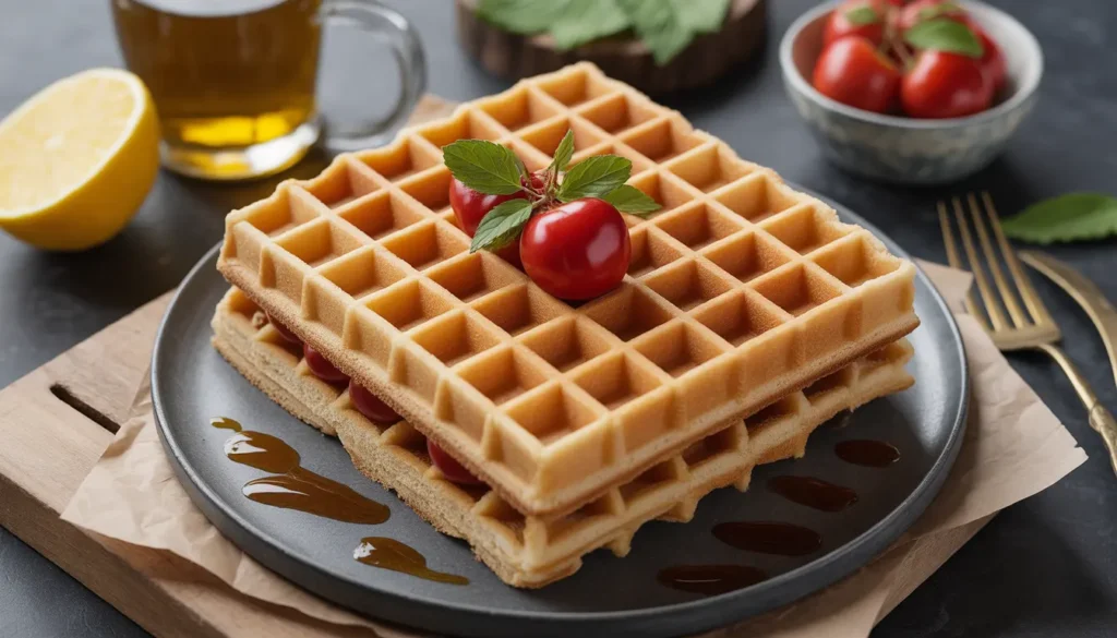 Eine Auswahl verschiedener Waffelsorten wie belgische Waffeln, Hongkong Egg Waffles und Mochi-Waffeln auf einem Holztisch, Fokus auf knusprige Textur, 1200 x 675 px.