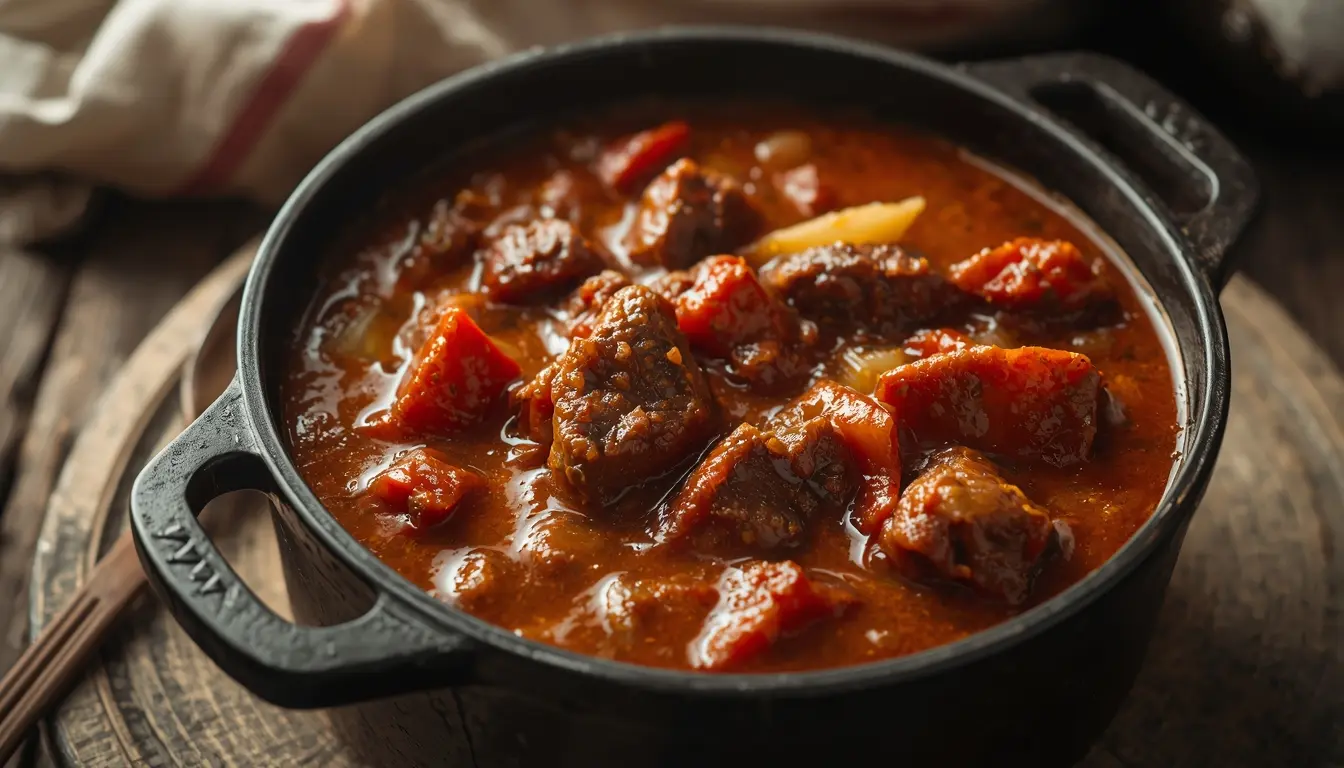 Authentisches ungarisches Gulasch in einem rustikalen Topf, zartes Rindfleisch, viel dunkle Soße, Lorbeerblätter, Rezept original wie bei Oma, 1200 x 675 px.