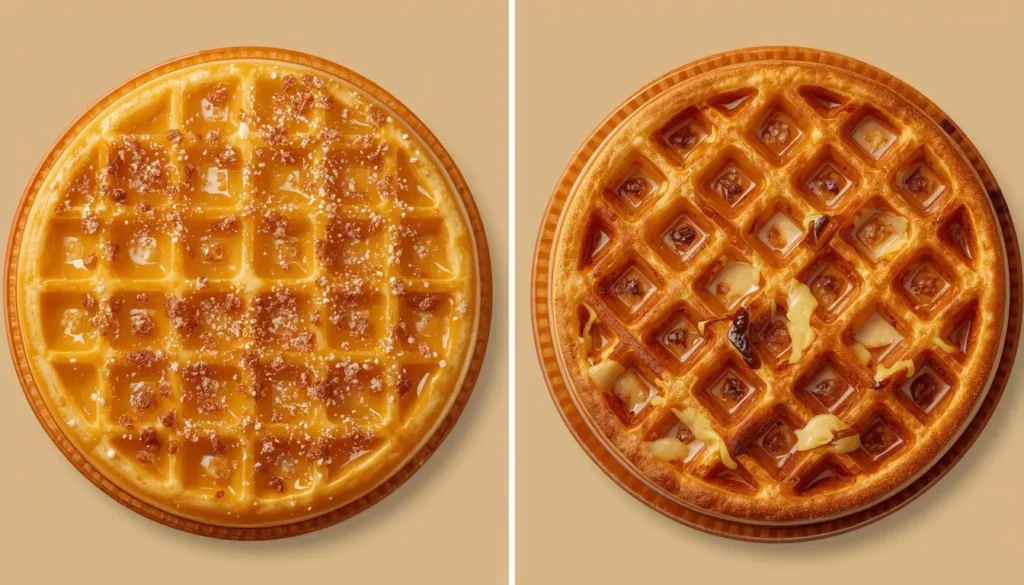 Nahaufnahme Vergleich zwischen einer karamellisierten Lütticher Waffel und einer luftigen Brüsseler Waffel, Detailansicht der Wabenstruktur, 1200 x 675 px.