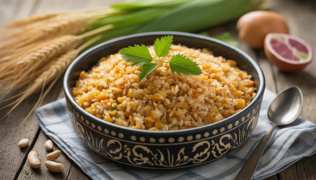 Eine Schüssel mit gesundem usbekischem Plov, zubereitet mit Vollkornreis, viel zartem Hähnchenfleisch, Karotten und Kichererbsen, garniert mit frischen Kräutern. Das Gericht sieht saftig, aber nicht fettig aus. Rasio 16:9