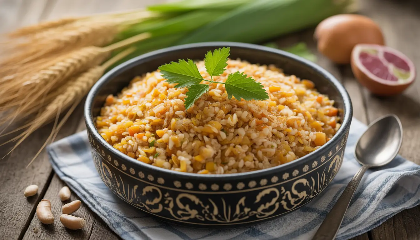 Eine Schüssel mit gesundem usbekischem Plov, zubereitet mit Vollkornreis, viel zartem Hähnchenfleisch, Karotten und Kichererbsen, garniert mit frischen Kräutern. Das Gericht sieht saftig, aber nicht fettig aus. Rasio 16:9