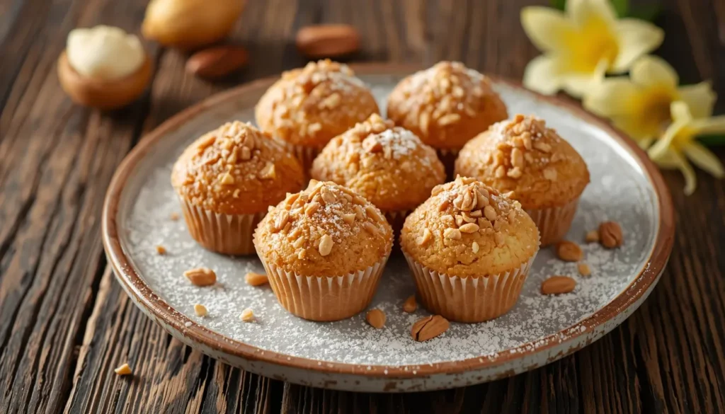 Rustikale Vanillekipferl mit gemahlenen Haselnüssen, dunklere Farbe als das Original, ganze Nüsse dekorativ daneben, warmes Licht, 16:9 Format, 1200 x 675 px.