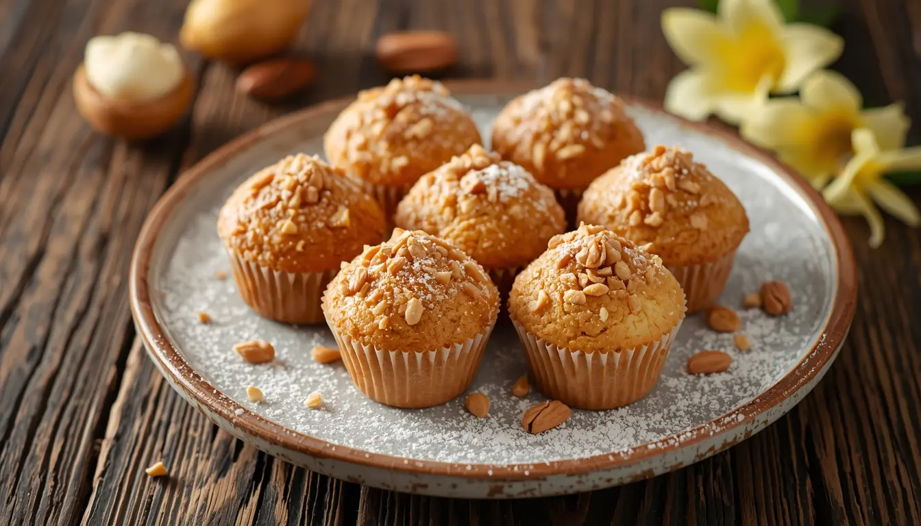 Rustikale Vanillekipferl mit gemahlenen Haselnüssen, dunklere Farbe als das Original, ganze Nüsse dekorativ daneben, warmes Licht, 16:9 Format, 1200 x 675 px.