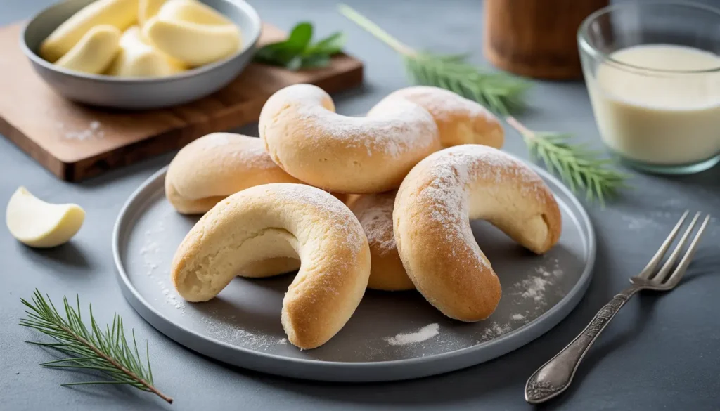 Schnelle Vanillekipferl direkt vom Backblech, Puderzucker wird darüber gesiebt, rustikale Küchenszene, Fokus auf Schnelligkeit, 1200 x 675 px.