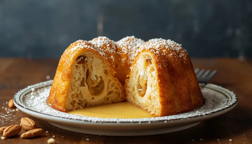 Elegante Vanillekipferl auf einer Schieferplatte, minimalistisches Design, Fokus auf die perfekte, gleichmäßige Mond-Form, Profi-Küche im Hintergrund, 1200 x 675 px.